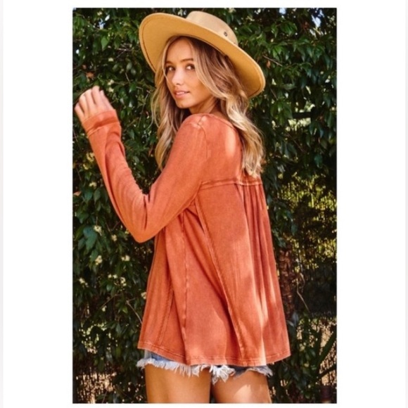 ✌🏼 #1381 Fun Rusty Ruched Stone Washed V Neck Long Sleeve Top - Picture 7 of 17